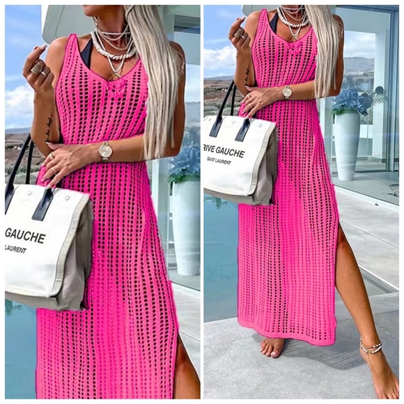 Blue Openwork Slit Cutout Wide Strap Dress - Picture 7 of 9